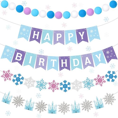Fanfanwin Snowflake Birthday Banner - 5 Pcs Blue Snowflake Design with Felt Castle Decor | Winter Holiday Party