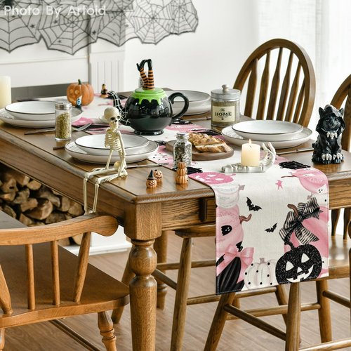 Artoid Mode Pink Jack-O-Lantern Pumpkin Bat Halloween Table Runner, Holiday Kitchen Dining Table Decoration for Indoor Outdoor Home Party Decor 13x120 Inch