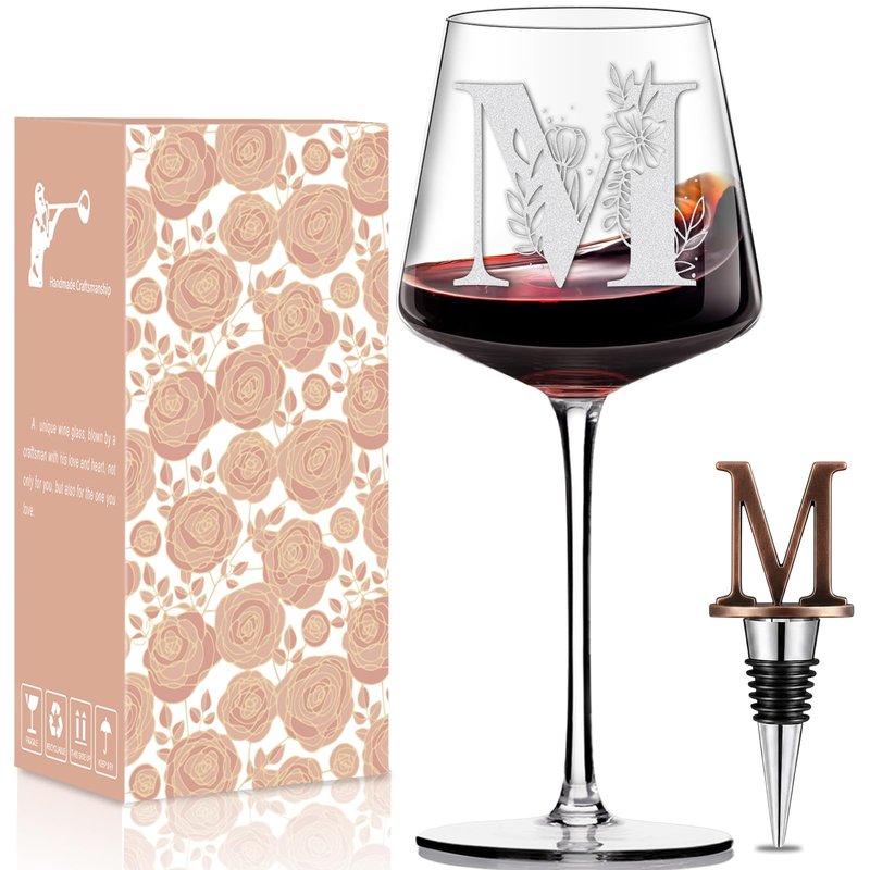 Physkoa Personalized Wine Glass – Custom Initial Monogram Gift for Women, Perfect Birthday & Mother’s Day Gift for Mom, Wife, Sister, Best Friend, Etched Dishwasher Safe (Letter M)
