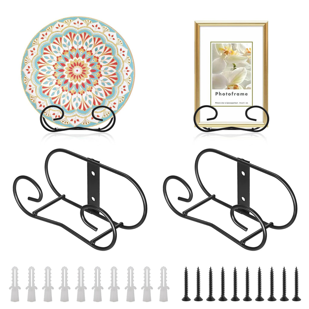 Sumnacon Plate Hangers for the Wall Metal Wall Plate Hangers with Screws,4 Pack Plate Holders for Displaying on the Wall Decorative Black Plate Stand for Plate Bowl Board Displaying