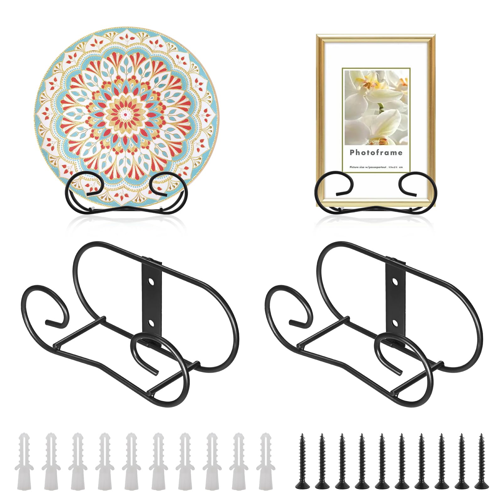 Sumnacon Plate Hangers for the Wall Metal Wall Plate Hangers with Screws,4 Pack Plate Holders for Displaying on the Wall Decorative Black Plate Stand for Plate Bowl Board Displaying