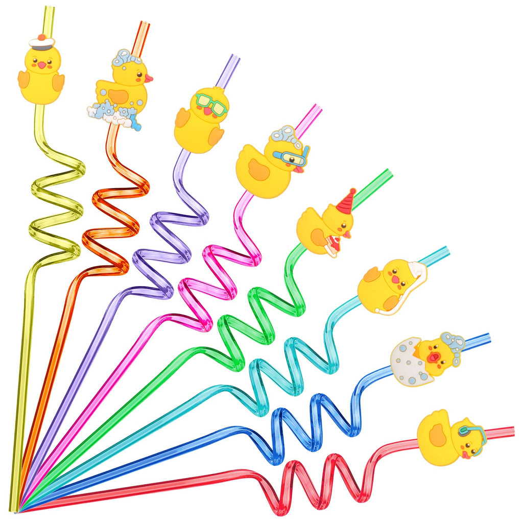 Honoson 24 Pcs Duck Straws Birthday Party Favors Drinking with 2 Pcs Cleaning Brushes Theme Reusable Plastic Silly 8 Designs(Bright Style)