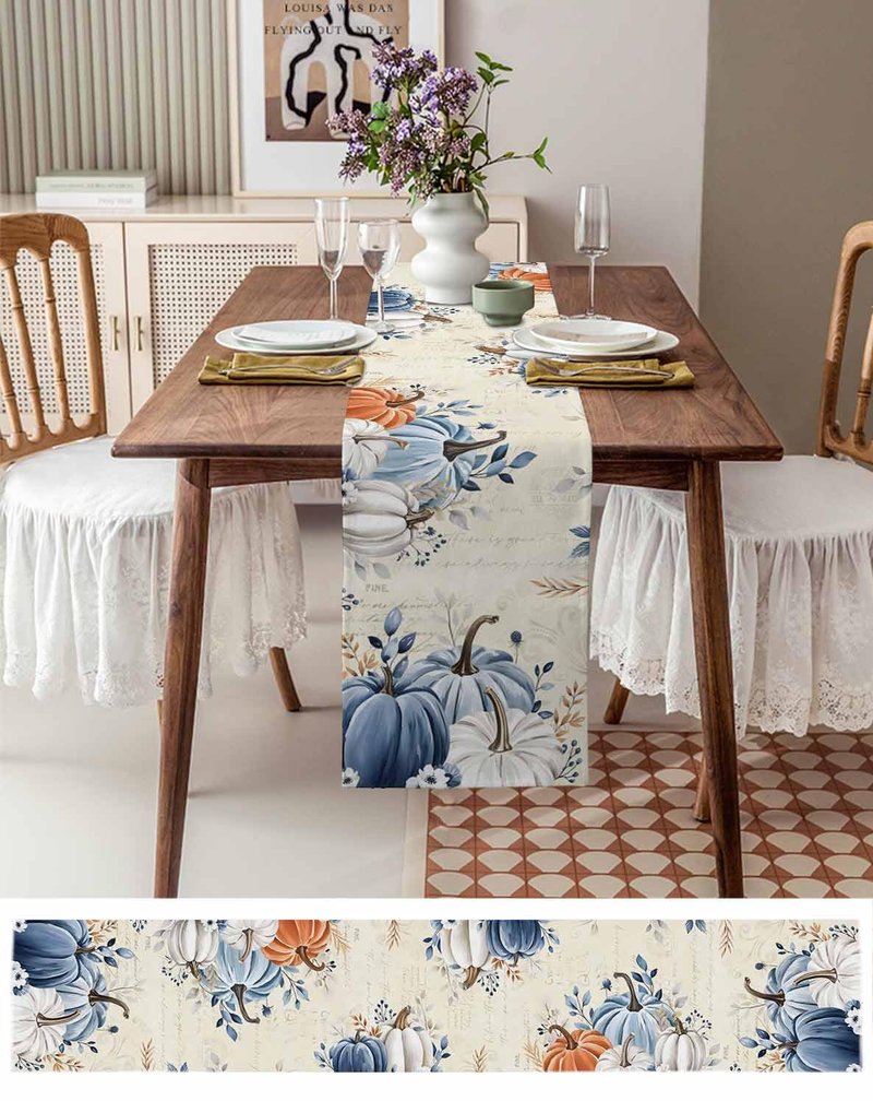 RisQiten Thanksgiving Fall Table Runner - 90 Inch Long Maple Leaf Blue Gray Pumpkin Cotton and Linen Blended Dress Scarves Farmhouse Table Runner for Kitchen Dining, Coffee Table, 13" x 90"