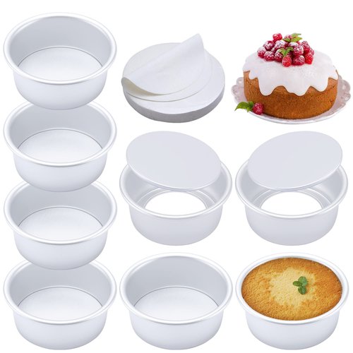 AWTBDP 4 Inch Round Cake Pan Set of 8, Nonstick Aluminum Baking Pans with 100 Sheets Parchment Paper, Easy Pop Out Removable Bottom Cake Pans for Mini Cheesecakes, Dessert, Pizzas and Quiches