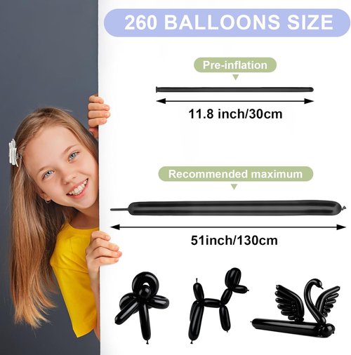 260 Premium Long Skinny Black Latex Balloons - Perfect for Twisting, Weddings & Birthday Parties