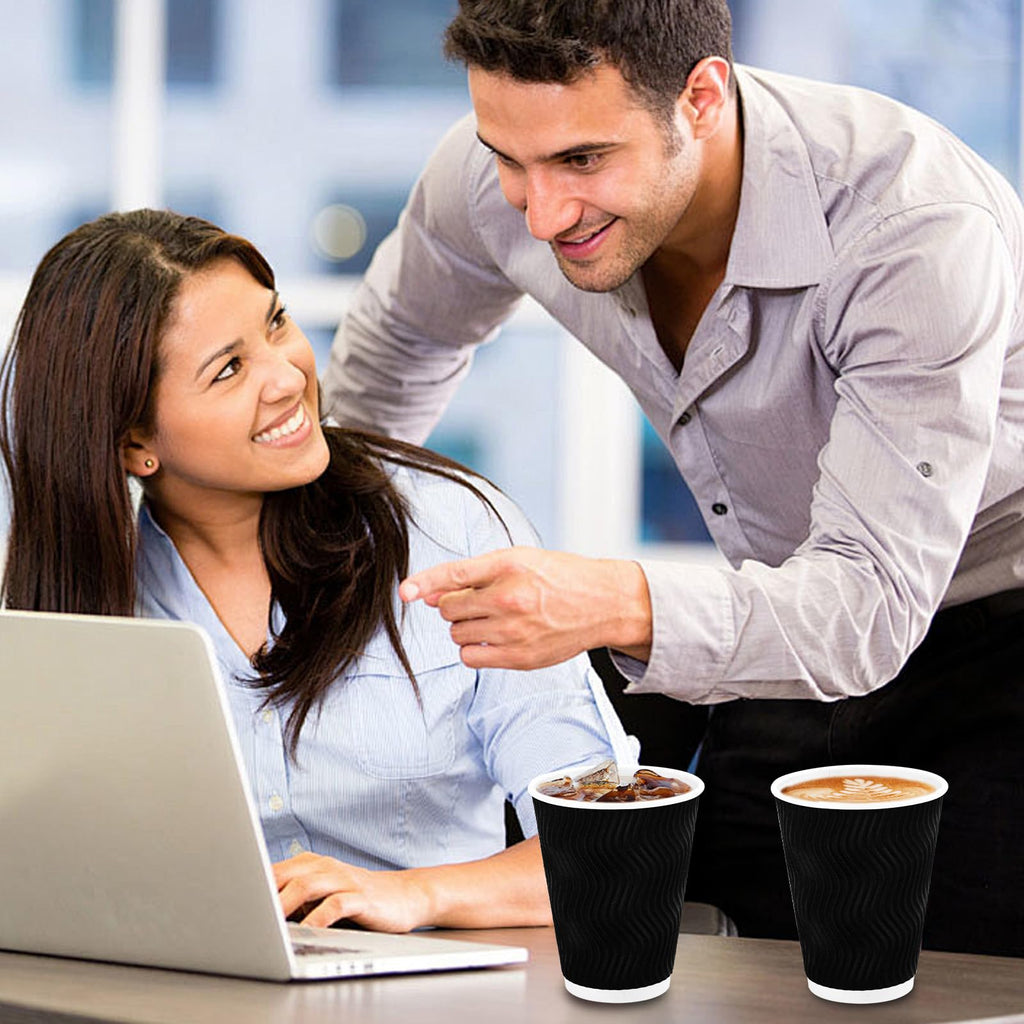 Lamosi Coffee Cups 12 oz 50 Pack, Black Disposable Coffee Cups, Corrugated Paper Cup 12 oz, Ripple Wall Insulated Water Cup for Hot Beverage