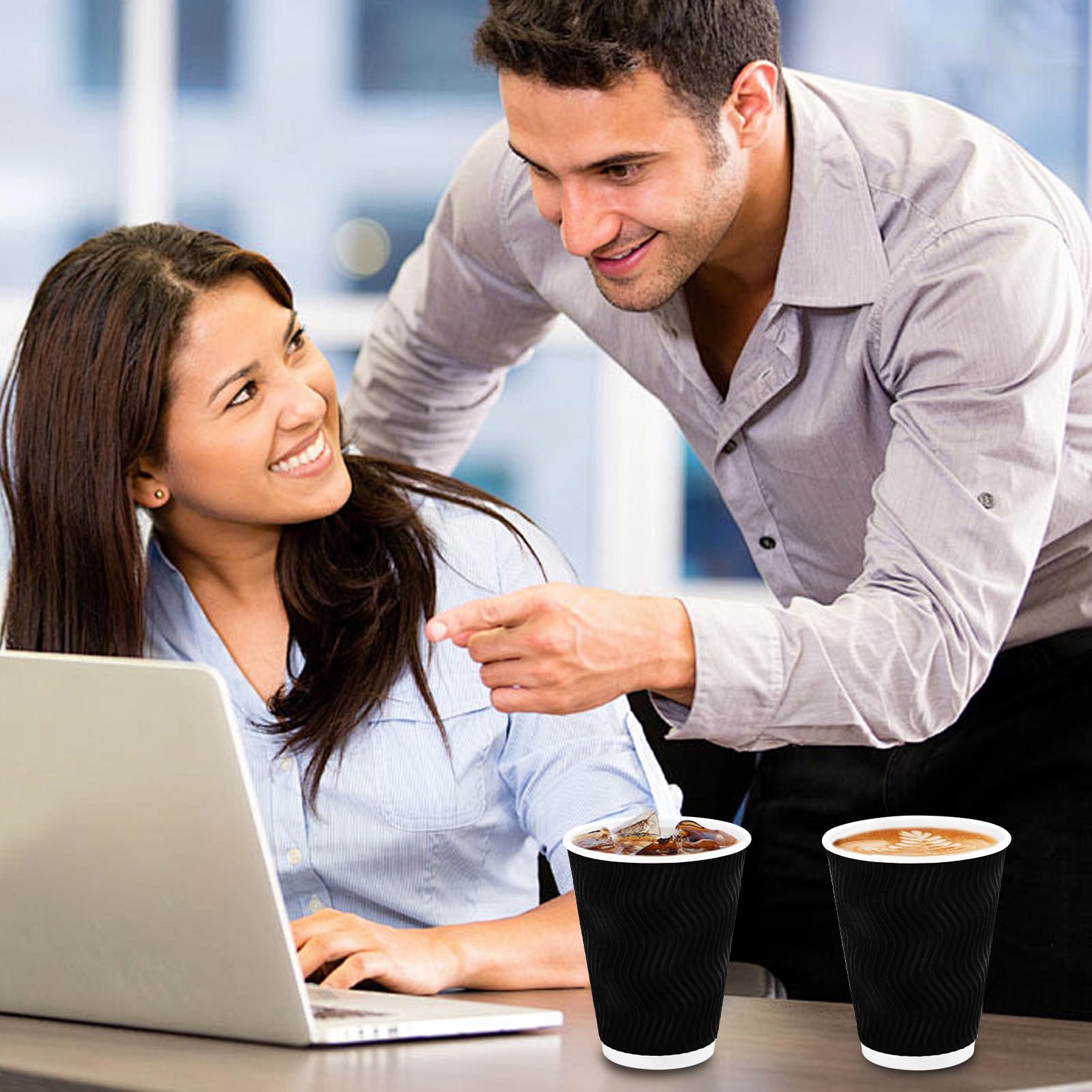 Lamosi Coffee Cups 12 oz 50 Pack, Black Disposable Coffee Cups, Corrugated Paper Cup 12 oz, Ripple Wall Insulated Water Cup for Hot Beverage