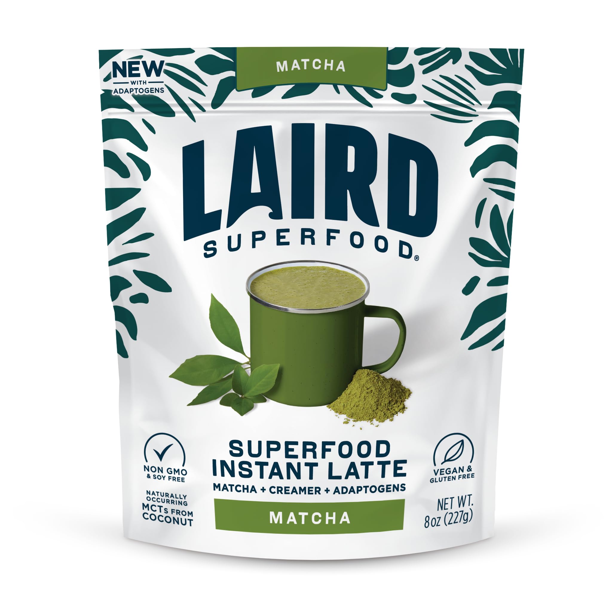 Laird Superfood Matcha Instant Latte with Adaptogens - Matcha Latte Green Tea Powder Packed with Antioxidants and Superfood Coconut Creamer - Gluten Free, Non-GMO, Vegan, 8 oz. Bag, Pack of 1