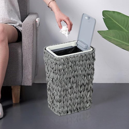 Trash Can with Lid, 2.6 Gallon Small Rattan Trash Can with Press Top Lid, Boho Slim Wicker Waste Basket and Hamper 2 in 1, Seagrass Woven Garbage Can Trash Basket for Living Room, Bedroom Gray