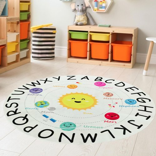 Round ABC Kids Rug, Circle Outer Space Rugs, Alphabet Playroom Rug, Non-Slip Universe Solar System Planet Theme Carpets for Playroom Educational Learning Area Rug for Classroom Living Room Bedroom
