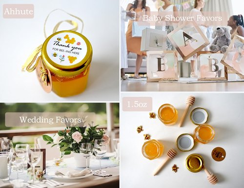 Ahhute Honey Pot, Mini Honey Jars with Dipper, Glass Honey Jars Baby Shower Favors, Party Favors & Wedding Favors, Lid, Bee Pendants, Gold Fabric Ribbons and Gold Organza Bags, 40 Pack 1.5oz