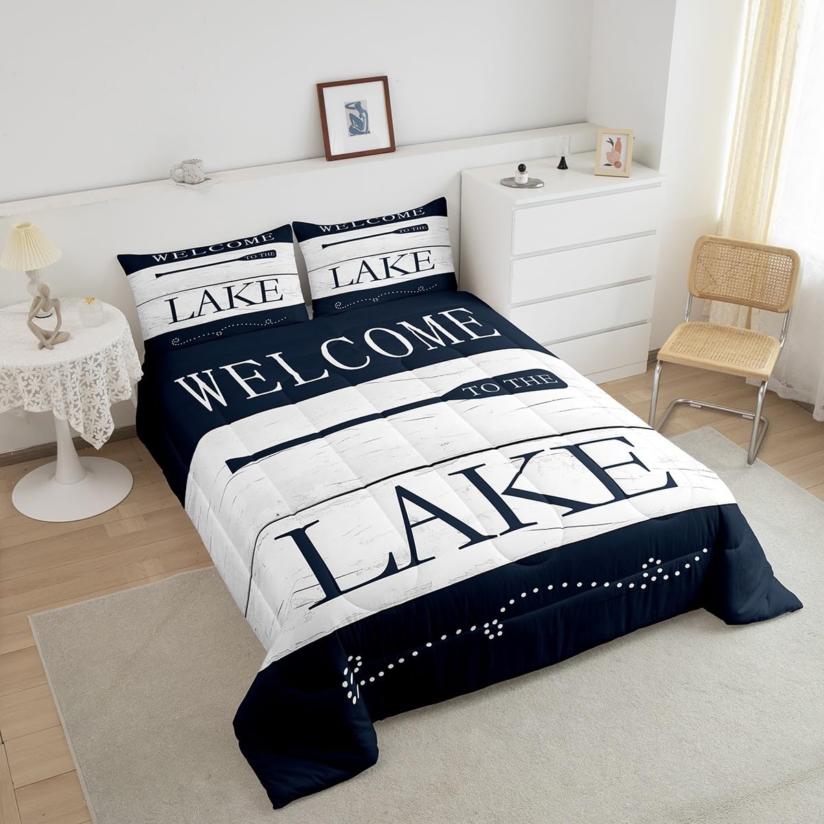 Castle Fairy Lake House Themed Comforter Set Twin Size,Go Boating Paddle Lake Time Bedding Set for Kids Boys Men,Retro Navy White Wooden Board Quilted Duvet Set with 1 Pillowcase