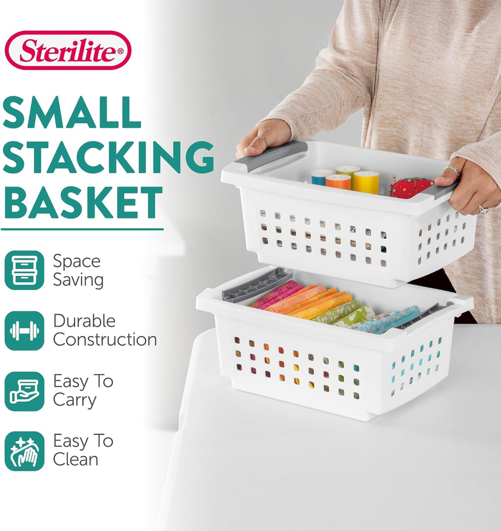 Sterilite Small Plastic Stacking Storage Baskets - Comfort Grip Handles | 8 Pack, White for Home Organization