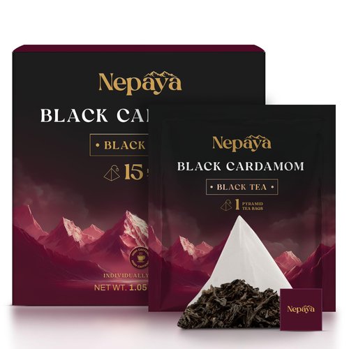 Nepaya Black Cardamom Black Tea Bags – 15 Pyramid Tea Bags, Robust & Smoky, High Caffeine, Biodegradable, Himalayan Whole-Leaf Tea, Coffee Replacement