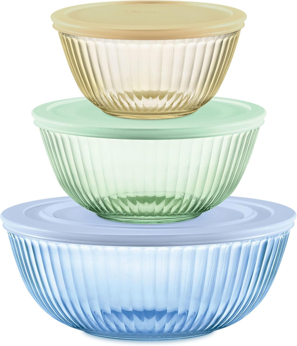 Pyrex Colors Tinted Mixing Bowls Set - Sculpted Glass Bowls with Lids | 1.3QT, 2.3QT & 4.5QT