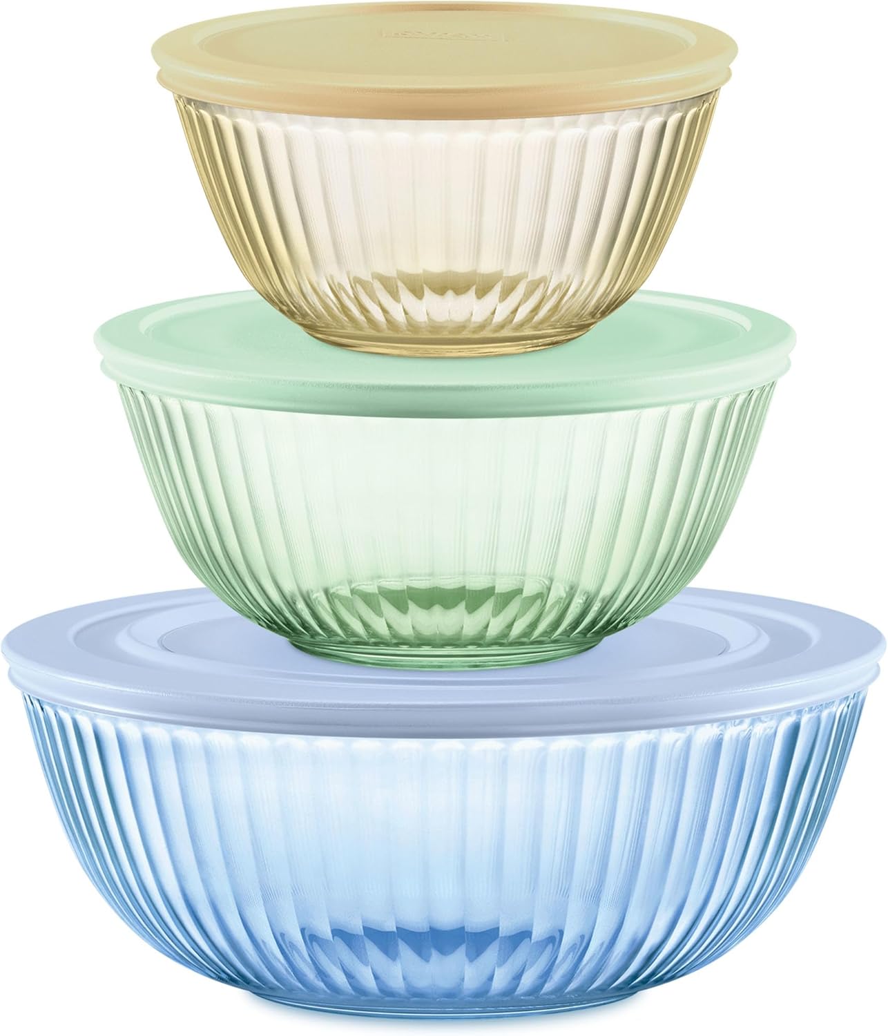 Pyrex Colors Tinted Mixing Bowls Set - Sculpted Glass Bowls with Lids | 1.3QT, 2.3QT & 4.5QT