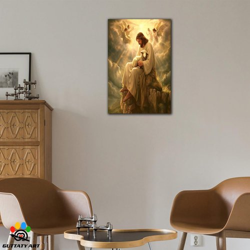 Jesus and Lamb Canvas Wall Art, Religious Christian Canvas Prints, Easter Jesus Christ Gifts for Home Wall Decor, God Jesus, the Lamb and Angels Prints Decor for Living Room, Church 18x24 Inches