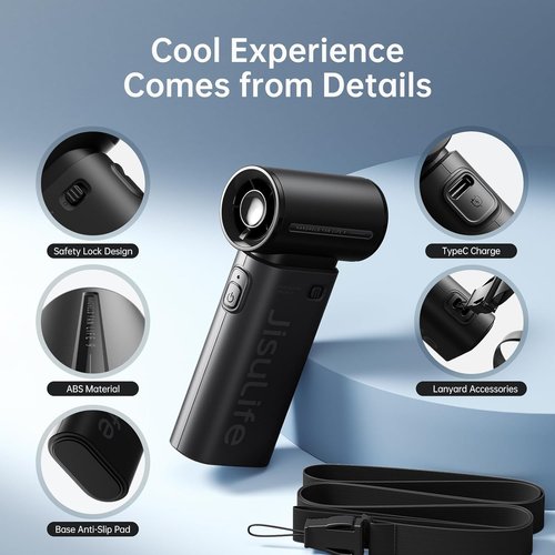 JISULIFE Portable Handheld Fan - Turbo Power High-Speed Air | 18H Cooling, 5 Gear Wind, 5000mAh - Black