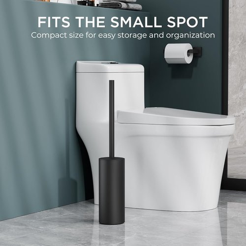FORIOUS Toilet Brush Set - Heavy Duty 304 Stainless Steel Base with Long Handle & 2 Brush Heads | Black