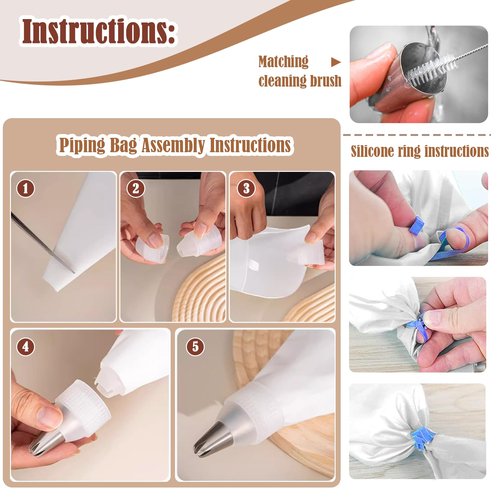 14-Piece Reusable Piping Bags and Tips Set- Cotton Baking Kit with Coupler, Stainless Steel Nozzles,Silicone Cable Ties& Cleaner for Cakes/Cupcakes/Cookies Decorating (14)