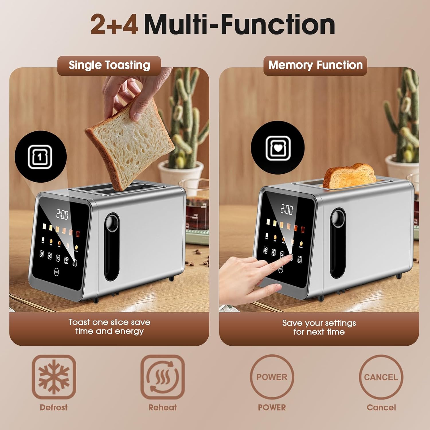 Skiennix Touch Screen Toaster - 2 Slice Stainless Steel Smart Toaster with Memory Function & 6 Shade Settings