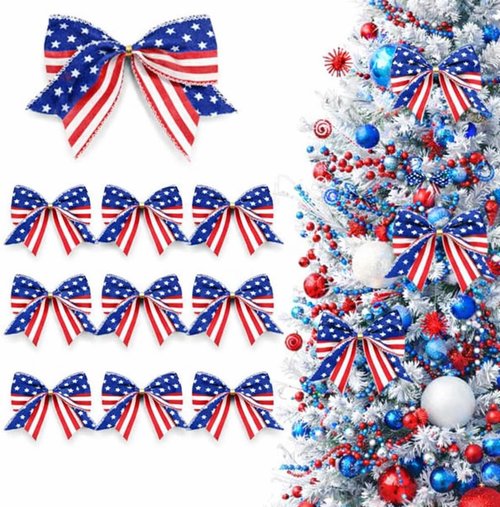 American Flag Bows | 12 PCS Red, White & Blue Patriotic 6" Bows for 4th of July & Memorial Day Decor