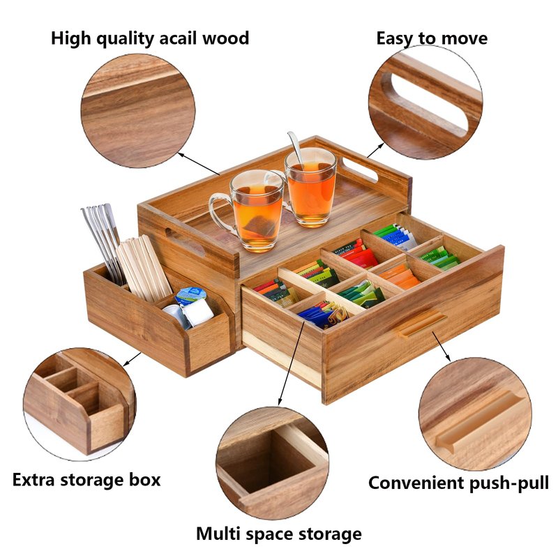 Balaipor Acacia Wood Tea Bag Organizer, Wooden Tea Bag Storage Box Holder with Drawer for Kitchen Office Tea Bar Countertop