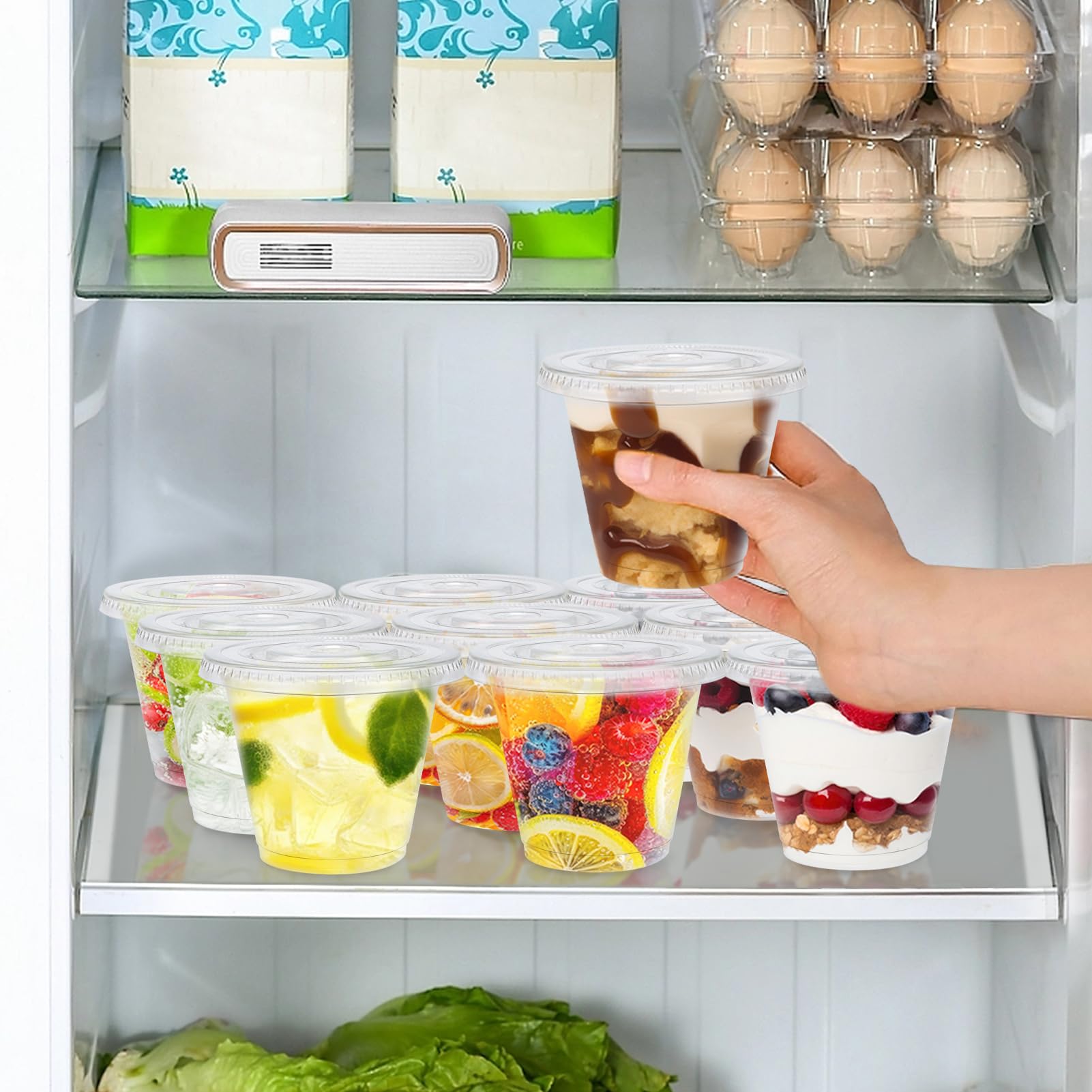 BYSNOW 100 Packs 9 oz Clear Plastic Cups with Flat Lids, Disposable Cups with Lids, Plastic Dessert Cups for Ice Cream, Cake, Snacks, Fruit, Cold Drinks, Smoothie, Pudding, Salad