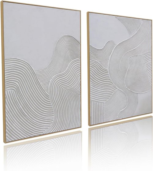 Framed Neutral Abstract Wall Art by [Brand Name] - Large 3D Curve Canvas Decor | 2-Piece Set, 28 x 40 Inch, Ready to Hang for Living Room, Bedroom, Office