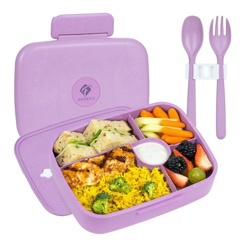 Fenrici Bento Box For Girls & Teens, Made with Plastic-Free Wheat Straw, Utensils Included, 5 Leakproof Compartments, Compatible Lunch Box, BPA-Free, Microwave, Dishwasher Safe, Purple