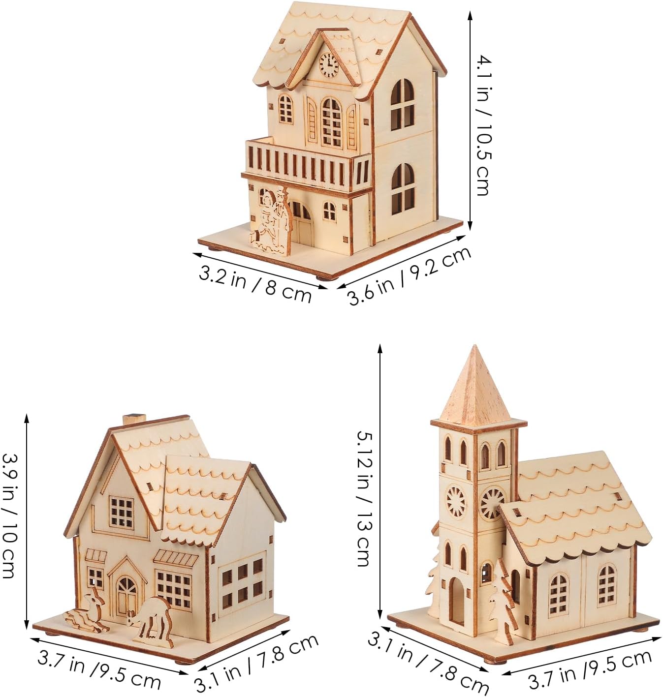 NUOBESTY Christmas Village Ornaments - 3pcs LED Luminous Wooden Houses | Festive Light Brown Decor
