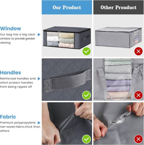 HomeHacks Storage 3-Pack Clothes Organizer Bags - Foldable Design with Large Clear Window | 35L, Gray