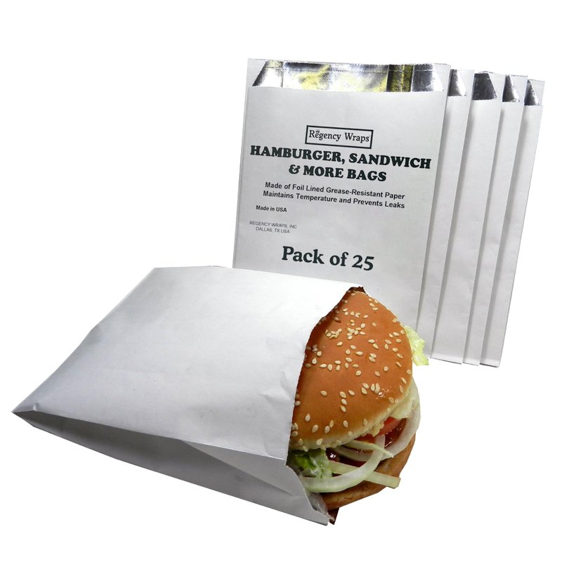 Regency Wraps Grease Resistant Snack Serving Bags, Foil Lined, Pack of 25 For Burgers, Sandwiches, Panini's, Pitas, Insulated to Keep food Warm