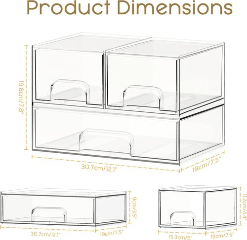 Criusia Stackable Storage Drawers - 3 Pack Clear Acrylic Makeup Organizer for Vanity & Kitchen Cabinets