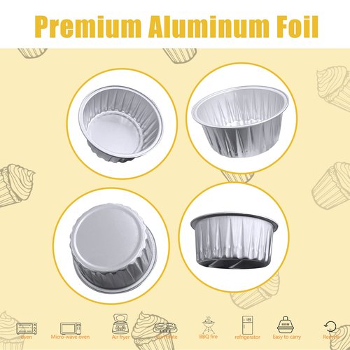 100Pcs Aluminum Cups with Lids,5oz Disposable Ramekin Baking Cups Muffin Liners Mini Pie Pans Foil Cupcake Containers for Christmas Party Wedding,Silver