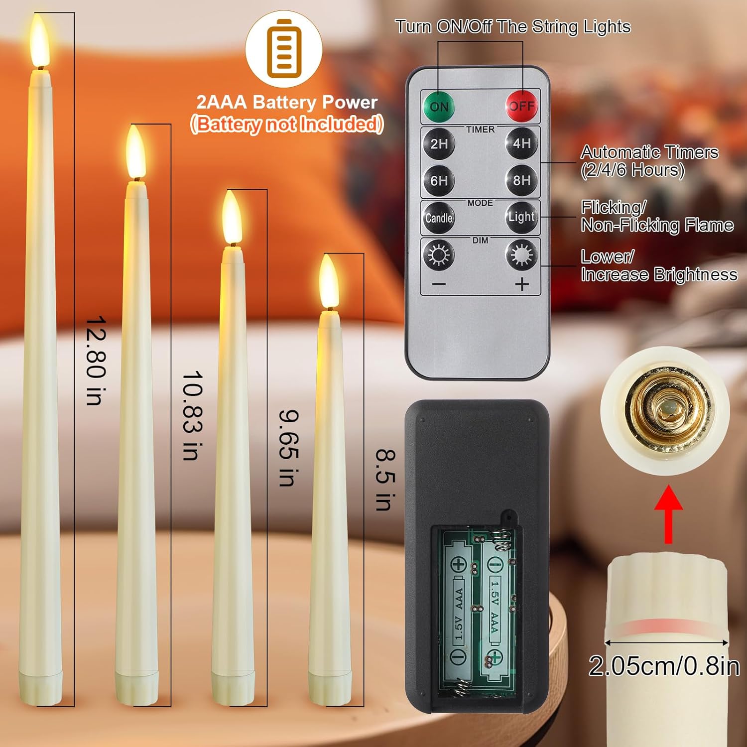 Rossesay Flameless Taper Candles - 16 Pcs Battery Operated with Remote Timer | Ivory LED Flickering for Weddings & Parties (8.5" to 12.8")