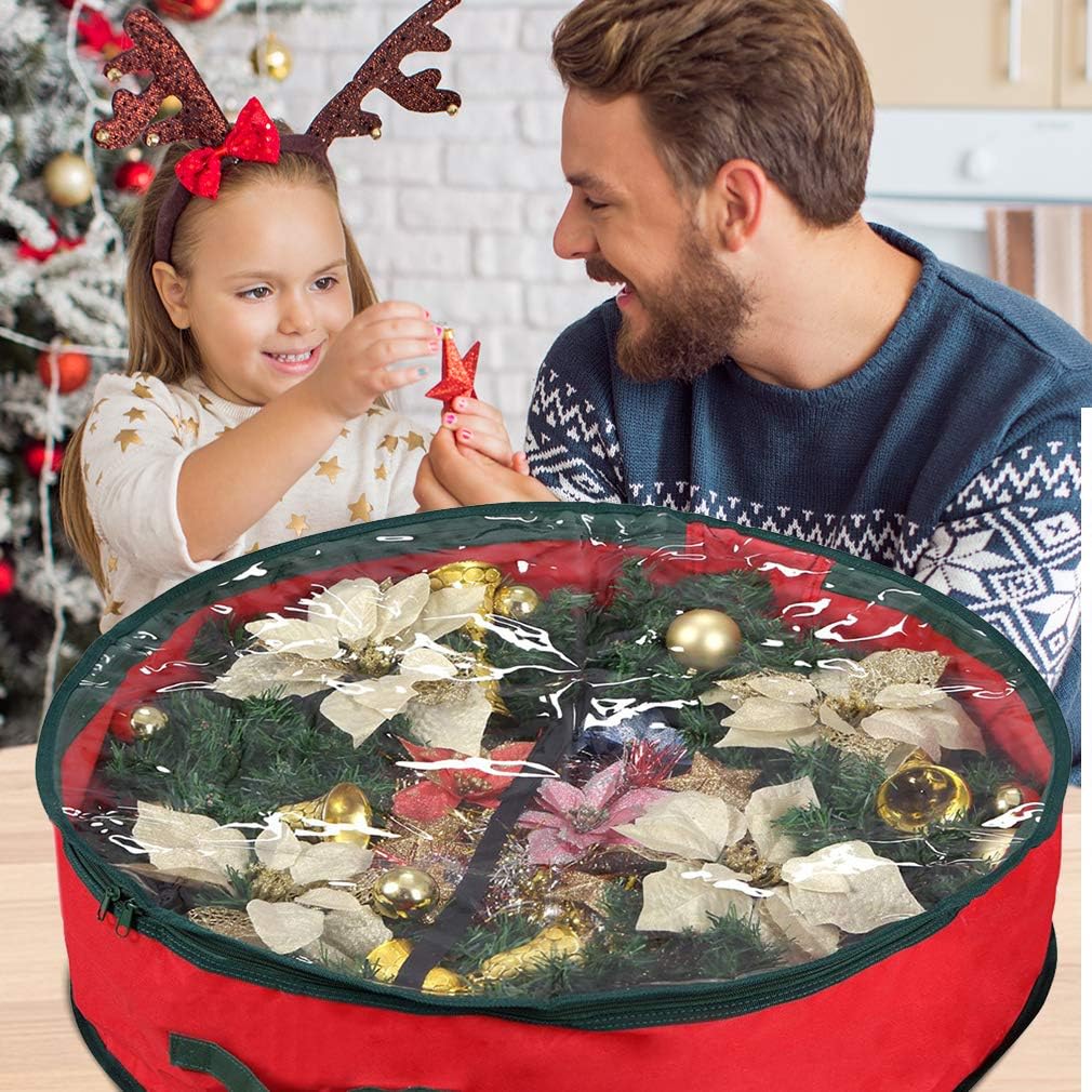 Primode Christmas Wreath Storage Bag - Extra Large 48" Container with Clear Window | Durable 600D Oxford Material | Red
