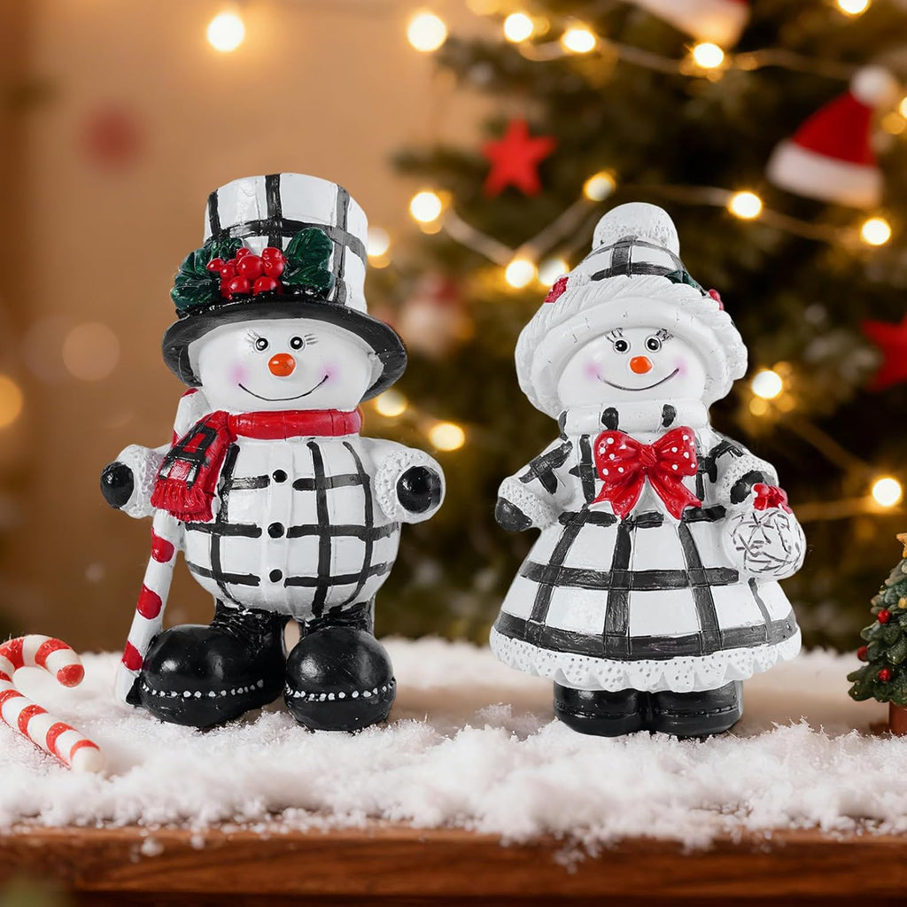 Snowman Figurines Set of 2 | Black and White Plaid Christmas Decorations for Home Decor