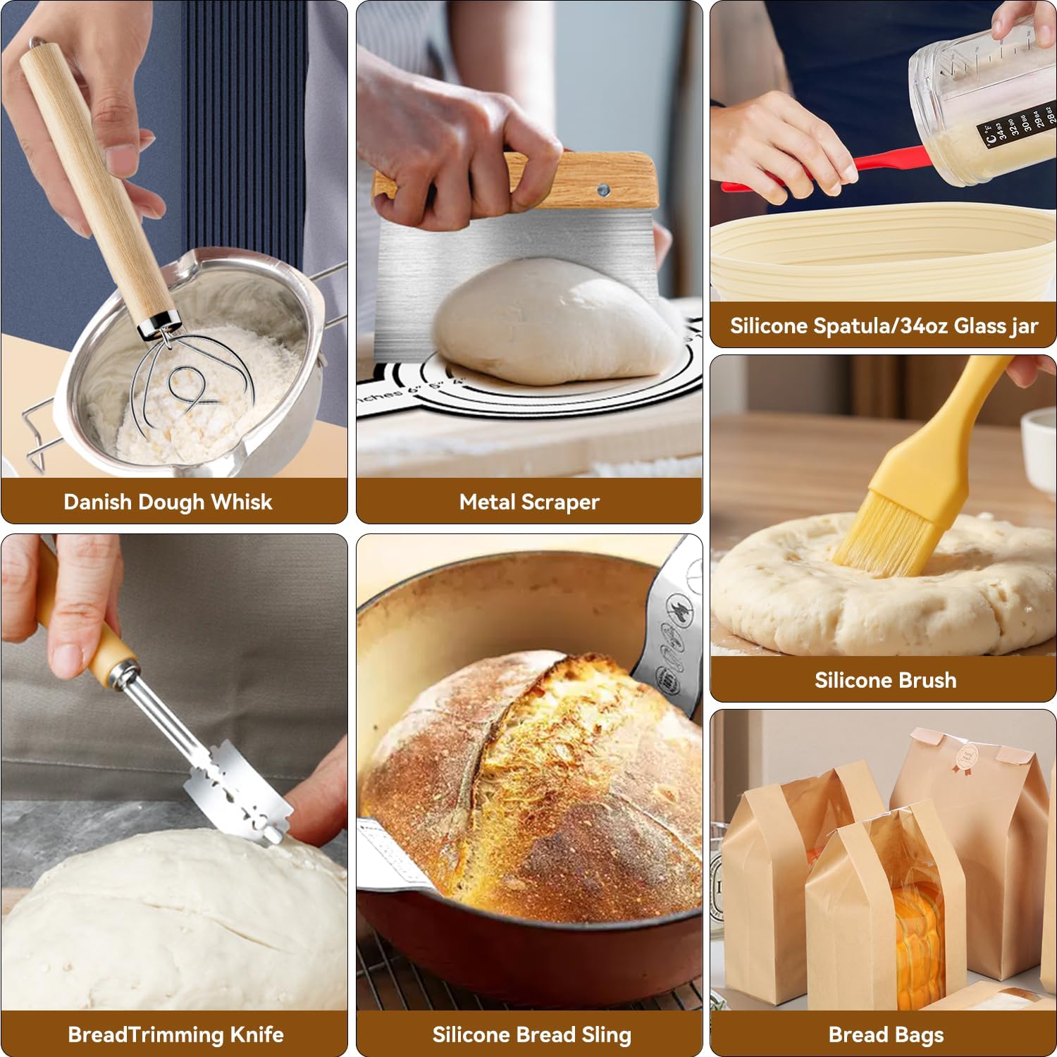 Skiennix 24 PCS Sourdough Starter Kit - Includes 34oz Starter Jar & Silicone Banneton Proofing Baskets