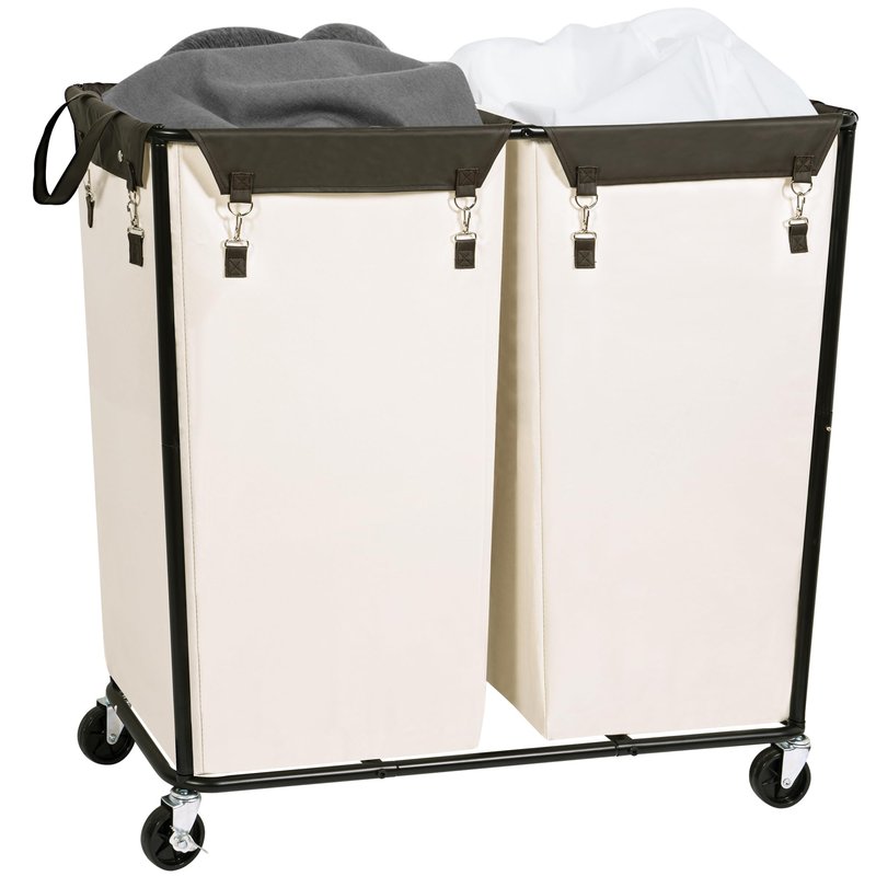 STORAGE MANIAC Commercial Laundry Hamper with Heavy Duty Steel Frame, 74 Gal. Industrial Laundry Basket Cart with Wheels for Hotel, Home, Laundry Room, Big Large Clothes Sorter, 2 Section Beige/Black