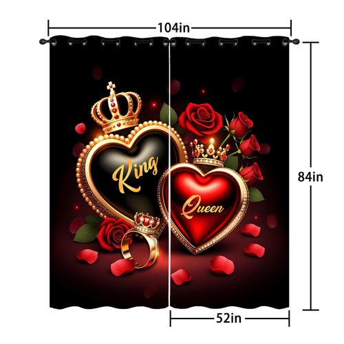 AILONEN Red Rose Romantic Hearts Love Window Curtain,King and Queen Crown Couple Decor Window Drapes(2 Panels) for Room 52" W x 84" H