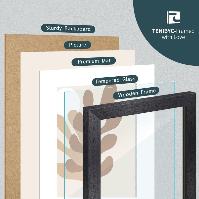 TENIBYC 11x14 Picture Frame Set - 4 Pack, Black Wood Photo Frames - Tempered Glass - Displays Photos 8x10 with Mat or 11 x 14 without - Room, Office, Gallery, Studio, and Hallway Decor - Wall Hanging