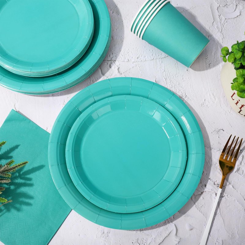 Whaline 100Pcs Teal Tableware Set Teal Blue Disposable Dinnerware 50Pcs Paper Plate 25Pcs Napkin 25Pcs Cup for Birthday Wedding Baby Shower Family Picnic Party Supplies Table Decor