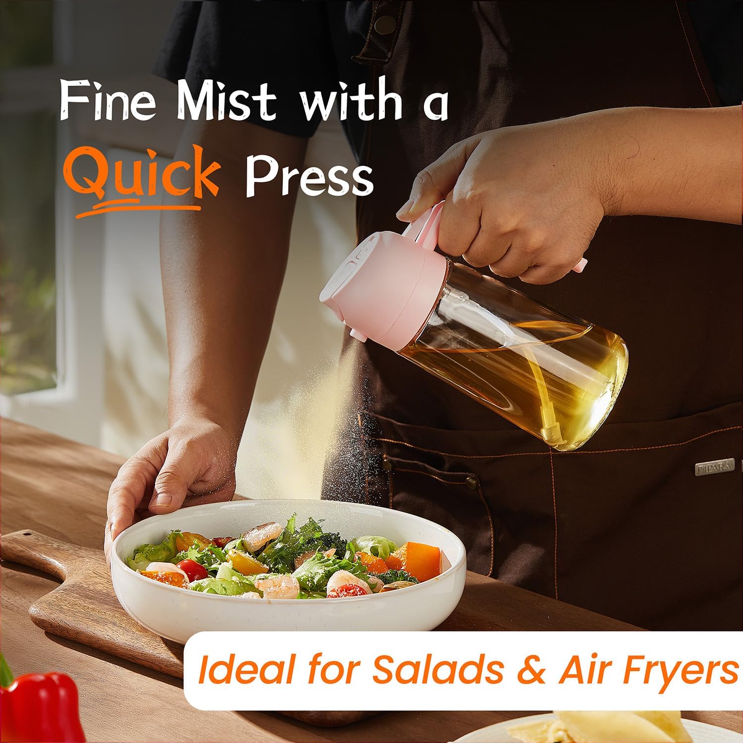 TrendPlain 16oz Glass Olive Oil Sprayer - 2-in-1 Dispenser for Cooking, Air Fryer, Salad & BBQ - Peach