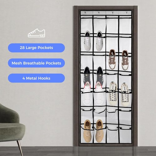 GOMAJI Over The Door Shoe Organizer - 28 Large Pockets for Maximum Storage Capacity | Includes 4 Metal Hooks
