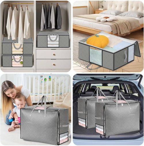 4 Pack Comforter Storage Bags by [Brand Name] - Extra Large Foldable Bedding Organizers with 4 Handles & 3 Clear Windows | Grey