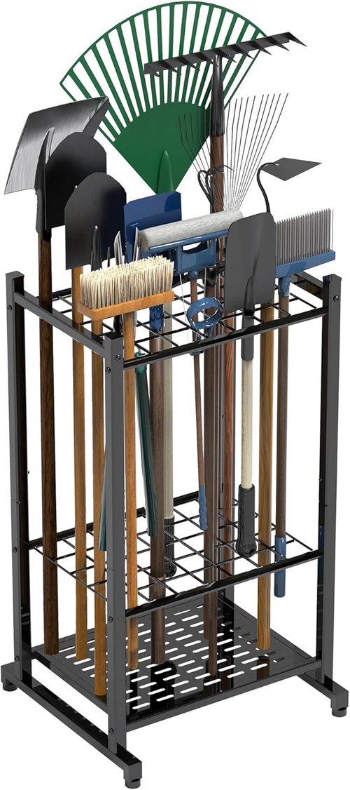 Garden Tool Organizer - Heavy Duty Steel Yard Tool Rack for Up to 35 Long-Handled Tools | Black