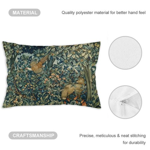 Greenery Forest Animals Pheasant Fox Green Floral William Morris Throw Pillow Covers 12x20 Inch Aesthetic Pillow Velvet Decorative Pillowcase Home Decor Living Room Cushion Case for Bed Sofa Couch