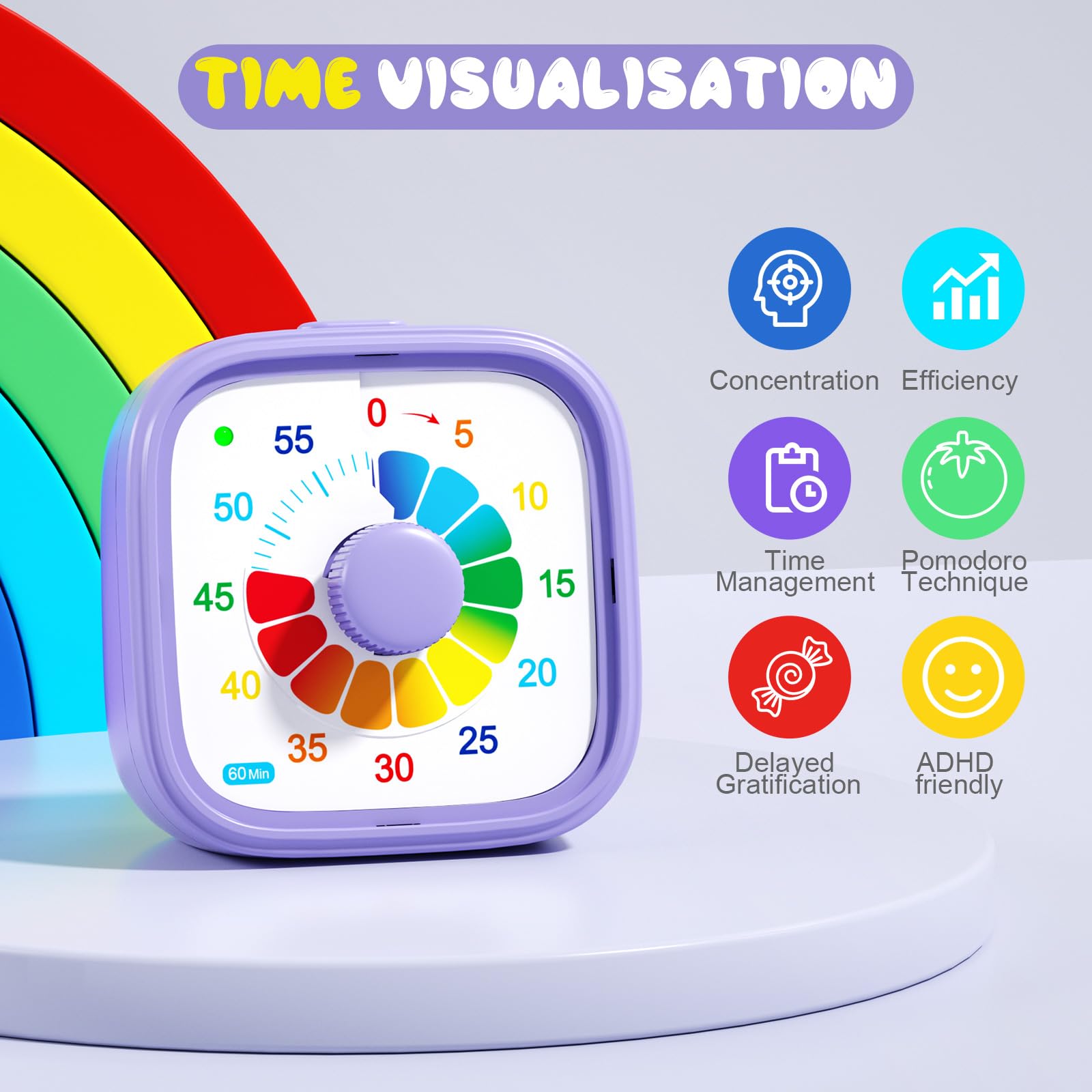Visual Timer for Kids & Adults – 60-Minute Countdown Timer with Colorful Dial – Time Management Tool for Classroom, Homework, Cooking, and Productivity with Silent Operation
