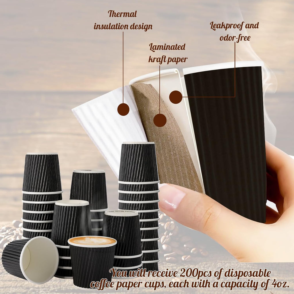 Skiennix 4oz Paper Espresso Cups - Disposable Ripple Wall Hot/Cold Coffee Cups | 200 Pcs (Black)